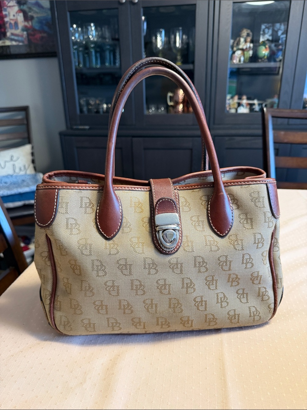 Dooney & Bourke Beige Canvas Shoulder Bag with Brown Leather Trim